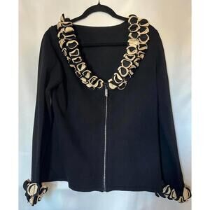 Women’s Black Zip-Up Jacket with Unique Ruffle Collar and Cuffs
